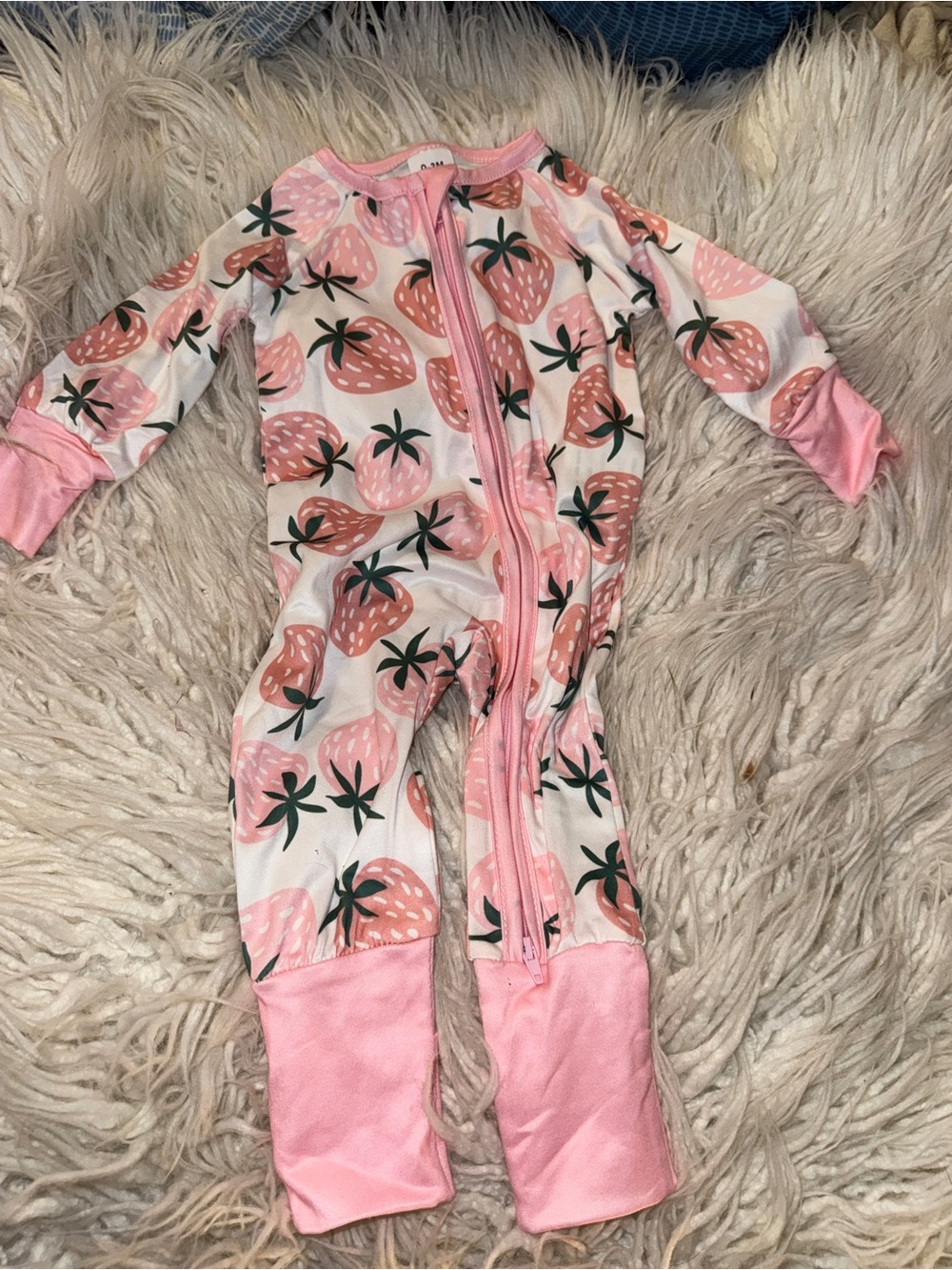 Pink Strawberry Print Zipper Footie One-Piece for Kids